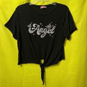Rhinestone Angel y2k Black Crop Top Tee Front tie L Butterfly Silver